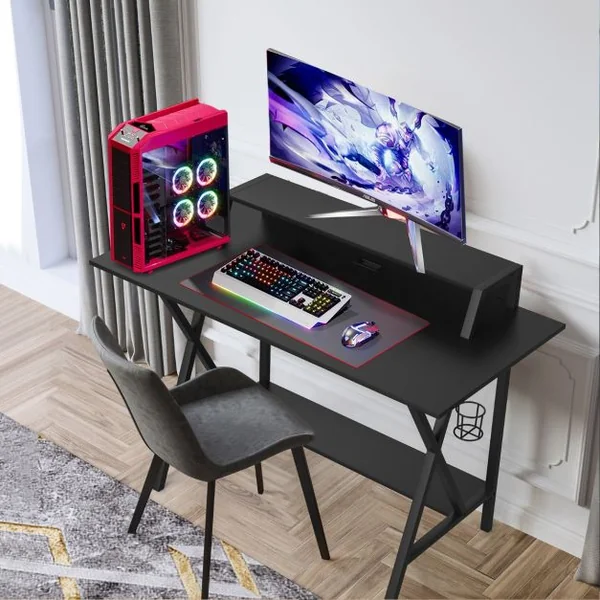 Bureau Gaming L122 x l60 x H91 CM Table Gamer Double Plateau Crochet pour Casque Porte-Gobelet Étagère Inférieure