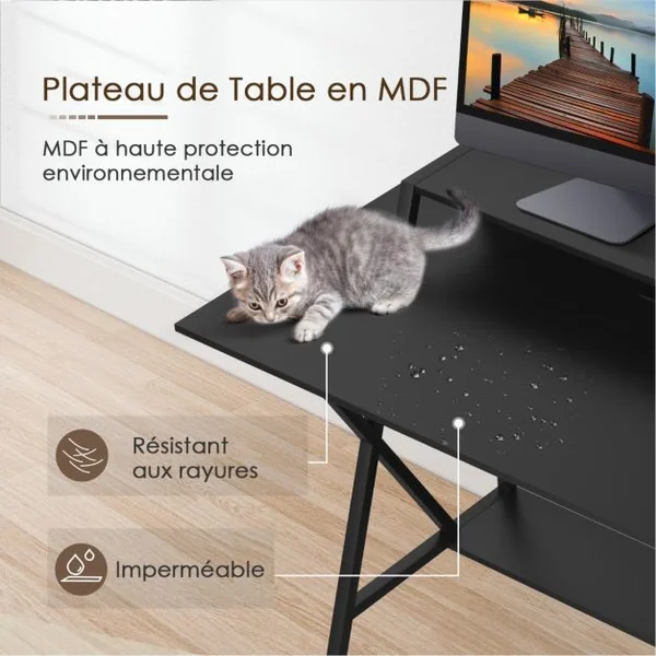 Bureau Gaming L122 x l60 x H91 CM Table Gamer Double Plateau Crochet pour Casque Porte-Gobelet Étagère Inférieure