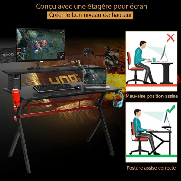 Bureau Gaming Porte-gobelet Crochet pour Casque Etagère pour Ecran Support Audio Manette en MDF Métal 120x60x97cm Noir