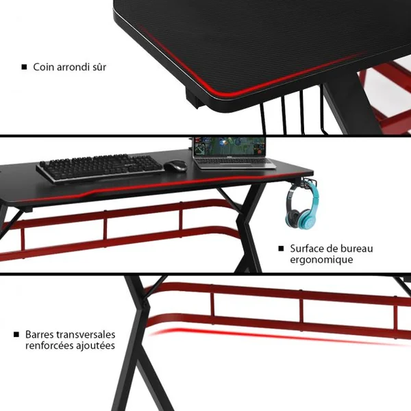 Bureau Gaming Porte-gobelet Crochet pour Casque Etagère pour Ecran Support Audio Manette en MDF Métal 120x60x97cm Noir