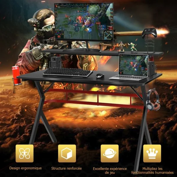 Bureau Gaming Porte-gobelet Crochet pour Casque Etagère pour Ecran Support Audio Manette en MDF Métal 120x60x97cm Noir