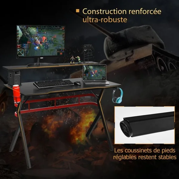 Bureau Gaming Porte-gobelet Crochet pour Casque Etagère pour Ecran Support Audio Manette en MDF Métal 120x60x97cm Noir