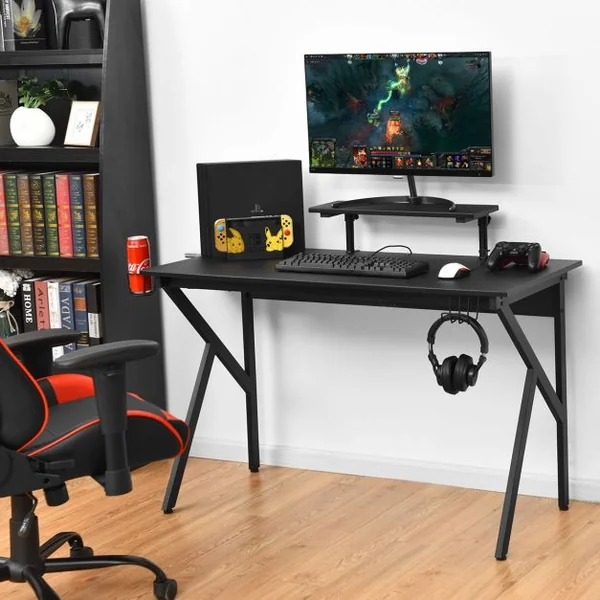 Bureau Gaming Porte-gobelet Etagère Réglable Supports Audio Surface en Fibre de Carbone 120x55x90,5-99,5cm Noir
