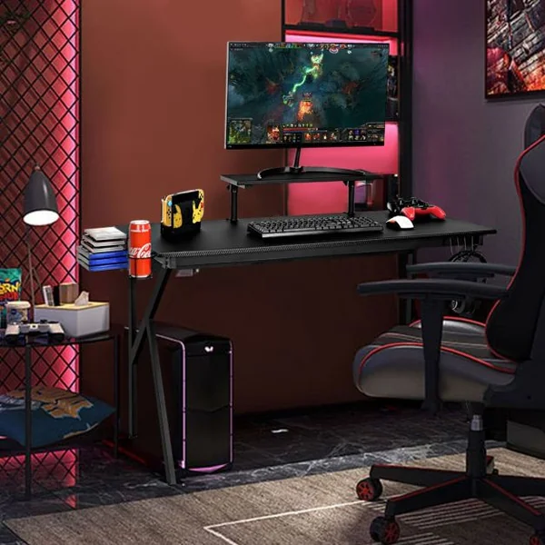 Bureau Gaming Porte-gobelet Etagère Réglable Supports Audio Surface en Fibre de Carbone 120x55x90,5-99,5cm Noir