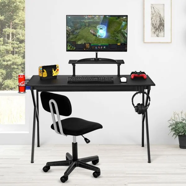 Bureau Gaming Porte-gobelet Etagère Réglable Supports Audio Surface en Fibre de Carbone 120x55x90,5-99,5cm Noir