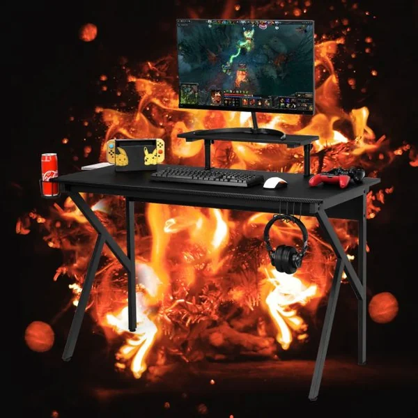 Bureau Gaming Porte-gobelet Etagère Réglable Supports Audio Surface en Fibre de Carbone 120x55x90,5-99,5cm Noir