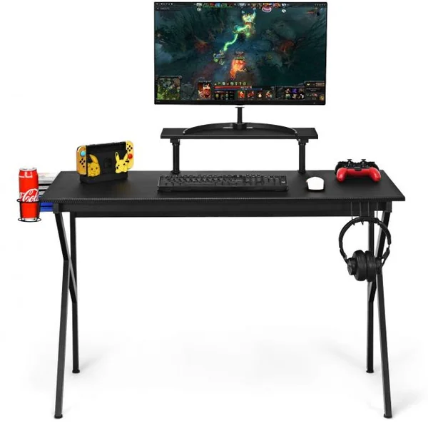 Bureau Gaming Porte-gobelet Etagère Réglable Supports Audio Surface en Fibre de Carbone 120x55x90,5-99,5cm Noir
