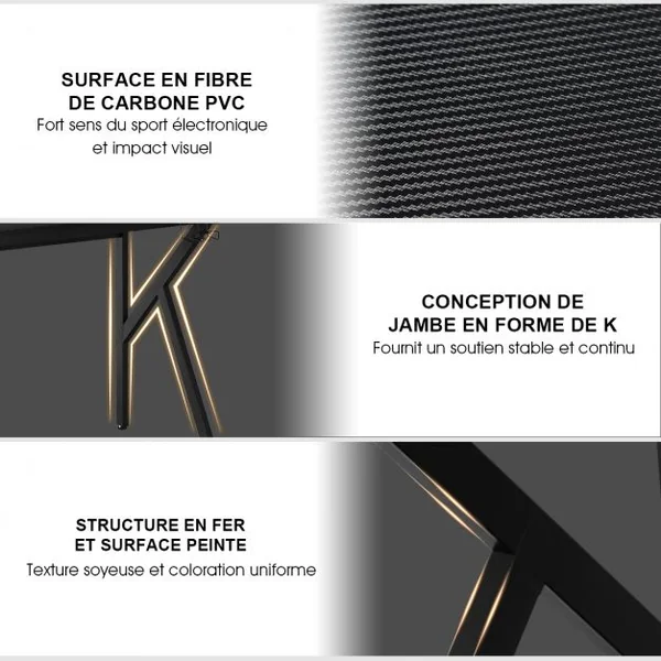 Bureau Gaming Porte-gobelet Etagère Réglable Supports Audio Surface en Fibre de Carbone 120x55x90,5-99,5cm Noir