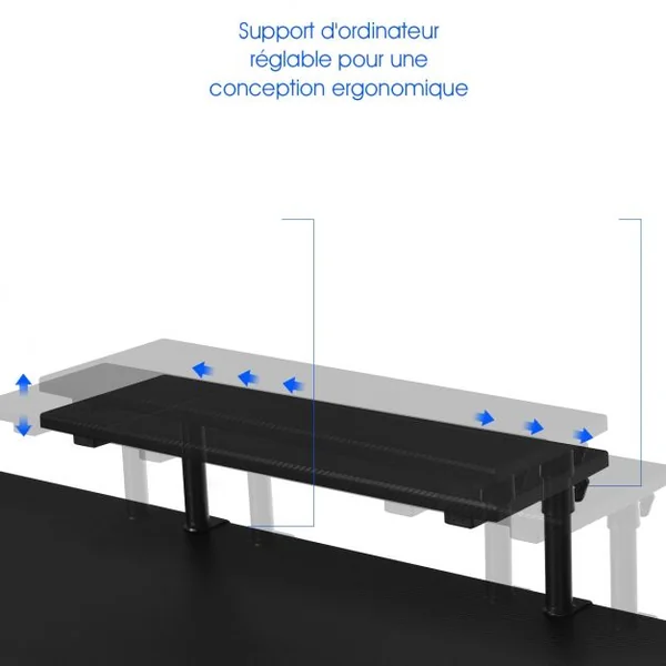 Bureau Gaming Porte-gobelet Etagère Réglable Supports Audio Surface en Fibre de Carbone 120x55x90,5-99,5cm Noir