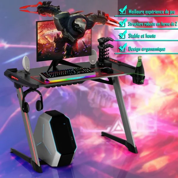 Bureau Gaming Table de Jeu Gamer Interface Usb 5v/2a et 6 Lumières Rgb en 3 Modes Capacité 150 Kg 120x72x75cm Noir