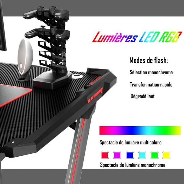 Bureau Gaming Table de Jeu Gamer Interface Usb 5v/2a et 6 Lumières Rgb en 3 Modes Capacité 150 Kg 120x72x75cm Noir