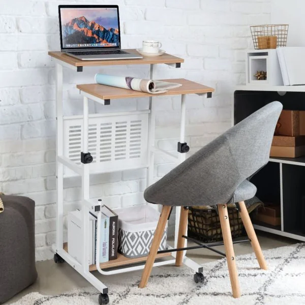 Bureau Informatique avec Plateau de Clavier Support d'Imprimante Roulant Assis-Debout Ajustable 68-98CM