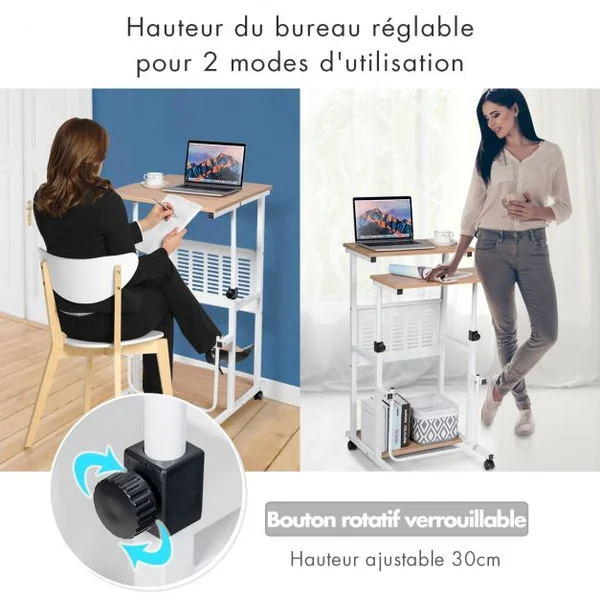 Bureau Informatique avec Plateau de Clavier Support d'Imprimante Roulant Assis-Debout Ajustable 68-98CM