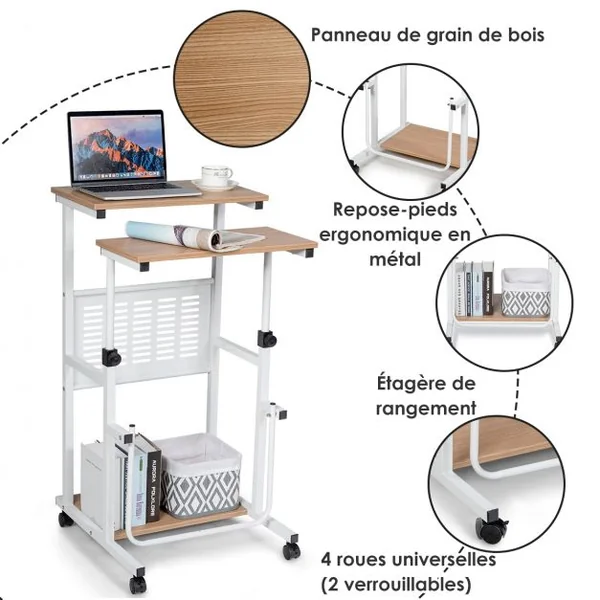 Bureau Informatique avec Plateau de Clavier Support d'Imprimante Roulant Assis-Debout Ajustable 68-98CM