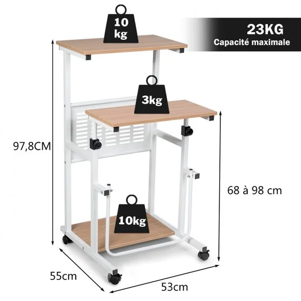 Bureau Informatique avec Plateau de Clavier Support d'Imprimante Roulant Assis-Debout Ajustable 68-98CM