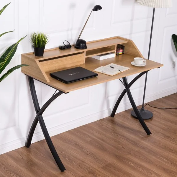 Bureau informatique avec rangements, Bureau pour ordinateur Meuble de bureau style simple, MDF, long 120 cm, Naturel&Noir