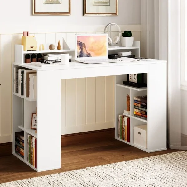 Bureau Informatique avec Étagère Surélevée et 2 Bibliothèques 120 x 54 x 90 CM Design Classique pour Bureau Blanc