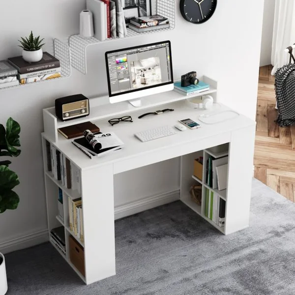 Bureau Informatique avec Étagère Surélevée et 2 Bibliothèques 120 x 54 x 90 CM Design Classique pour Bureau Blanc