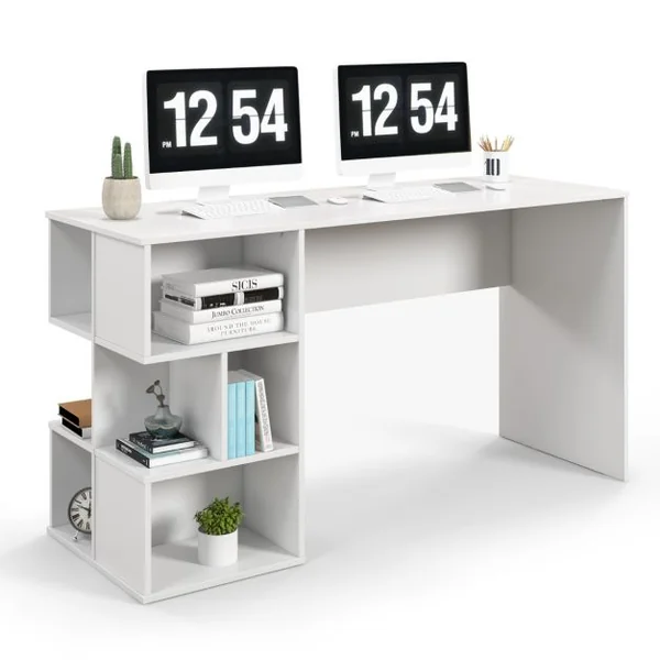 Bureau Informatique avec Étagères Ouvertes Kit Anti-basculement 140 x 50 x 75 CM Style Modern pour Bureau Étude Blanc