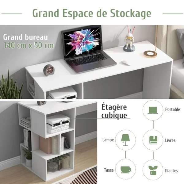 Bureau Informatique avec Étagères Ouvertes Kit Anti-basculement 140 x 50 x 75 CM Style Modern pour Bureau Étude Blanc