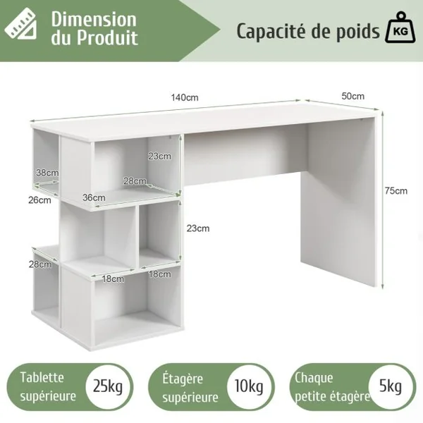 Bureau Informatique avec Étagères Ouvertes Kit Anti-basculement 140 x 50 x 75 CM Style Modern pour Bureau Étude Blanc