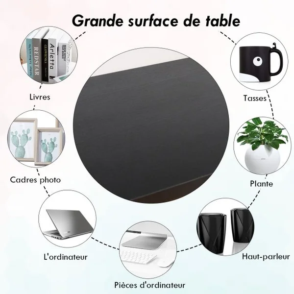 Bureau Informatique Bureau d'Études avec Range-câble Capacité 60kg en Métal+stratifié Mélaminé107x56,5x74cm Noir