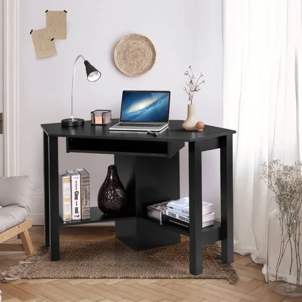 Bureau Informatique d’Angle Table d’Angle avec 2 Étagères et Tablette pour Clavier en Bois, 120x60x76,5cm, Blanc