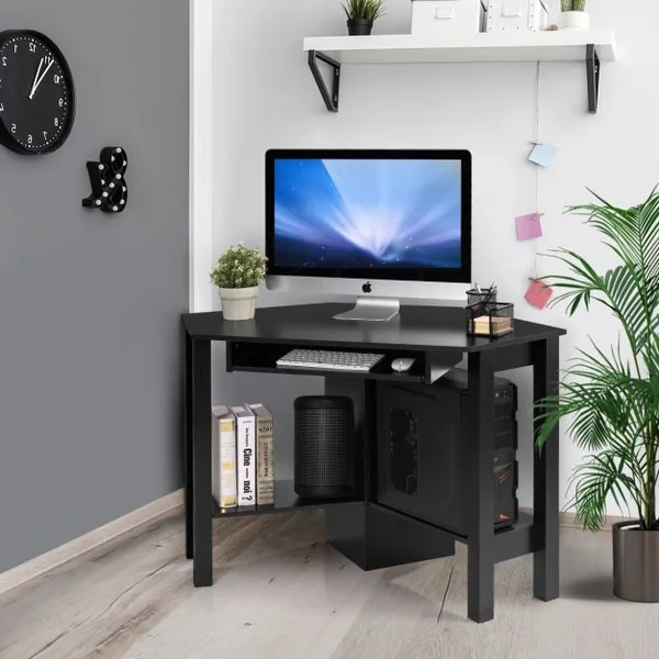 Bureau Informatique d’Angle Table d’Angle avec 2 Étagères et Tablette pour Clavier en Bois, 120x60x76,5cm, Blanc