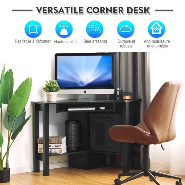 Bureau Informatique d’Angle Table d’Angle avec 2 Étagères et Tablette pour Clavier en Bois, 120x60x76,5cm, Blanc