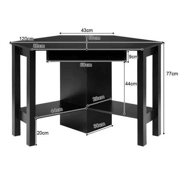 Bureau Informatique d’Angle Table d’Angle avec 2 Étagères et Tablette pour Clavier en Bois, 120x60x76,5cm, Blanc