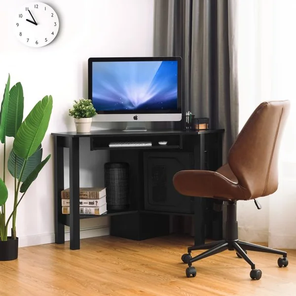 Bureau Informatique d’Angle Table d’Angle avec 2 Étagères et Tablette pour Clavier en Bois, 120x60x76,5cm, Blanc