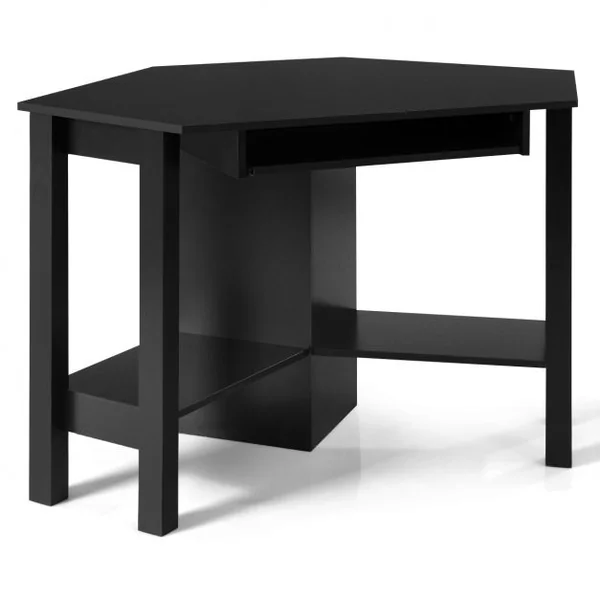 Bureau Informatique d’Angle Table d’Angle avec 2 Étagères et Tablette pour Clavier en Bois, 120x60x76,5cm, Blanc