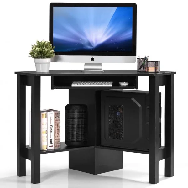 Bureau Informatique d’Angle Table d’Angle avec 2 Étagères et Tablette pour Clavier en Bois, 120x60x76,5cm, Blanc
