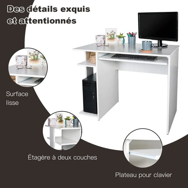 Bureau Informatique en Bois Table de Travail Polyvalente avec 2 Étagères de Rangement Ouvertes pour Salon Bureau