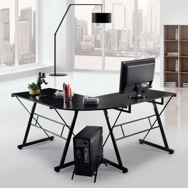 Bureau Informatique en Forme de L Grand Poste de Travail d’Angle avec Tablette en MDF et Fer, 150x135x75cm, Noir