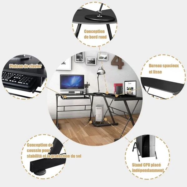 Bureau Informatique en Forme de L Grand Poste de Travail d’Angle avec Tablette en MDF et Fer, 150x135x75cm, Noir