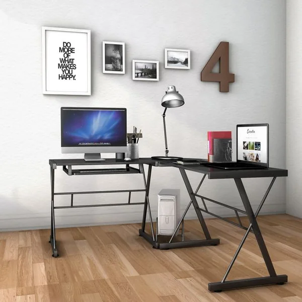 Bureau Informatique en Forme de L Grand Poste de Travail d’Angle avec Tablette en MDF et Fer, 150x135x75cm, Noir