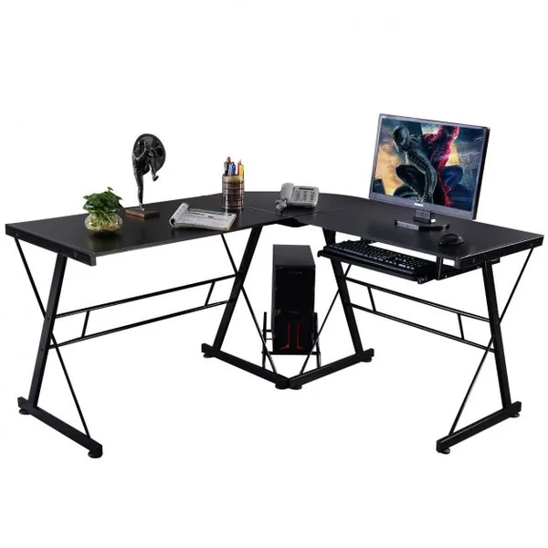 Bureau Informatique en Forme de L Grand Poste de Travail d’Angle avec Tablette en MDF et Fer, 150x135x75cm, Noir