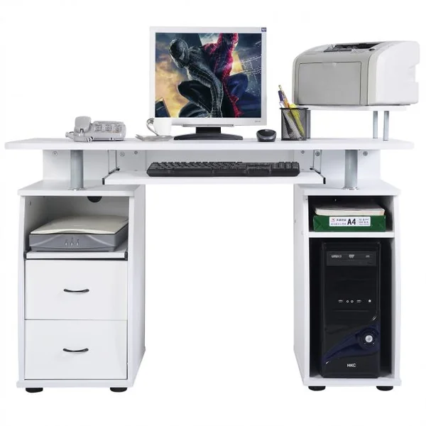 Bureau Informatique Moderne avec Support pour Haut-parleur et Nombreux Rangements Tablettes en Mdf 120x55x85cm Noyer