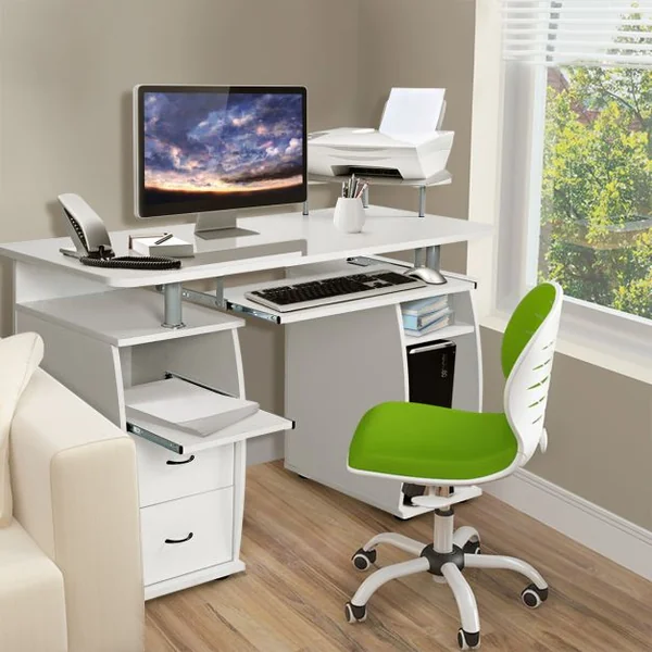 Bureau Informatique Moderne avec Support pour Haut-parleur et Nombreux Rangements Tablettes en Mdf 120x55x85cm Noyer