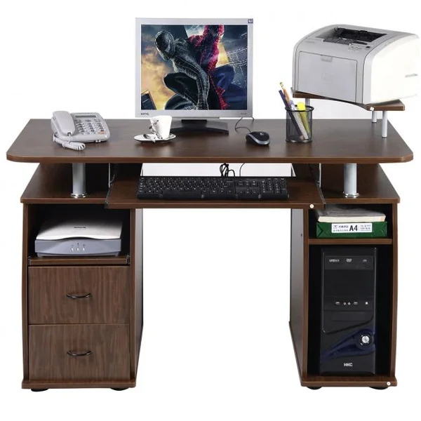 Bureau Informatique Moderne avec Support pour Haut-parleur et Nombreux Rangements Tablettes en Mdf 120x55x85cm Noyer