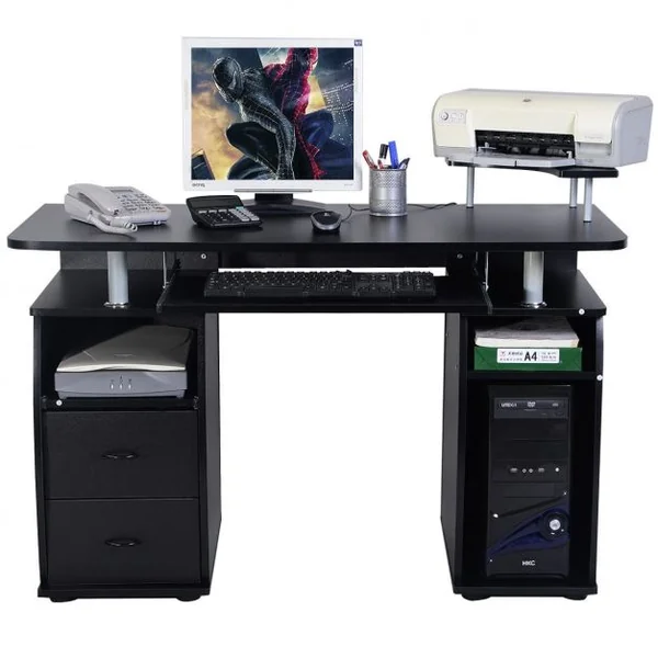 Bureau Informatique Moderne avec Support pour Haut-parleur et Nombreux Rangements Tablettes en Mdf 120x55x85cm Noyer