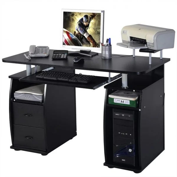 Bureau Informatique Moderne avec Support pour Haut-parleur et Nombreux Rangements Tablettes en Mdf 120x55x85cm Noyer