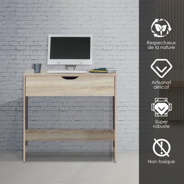 Bureau Informatique Moderne Bureau Multifonctionnel avec 1 Tiroir Capacité 20 Kg en Mdf 80x41x75cm Couleur Chêne