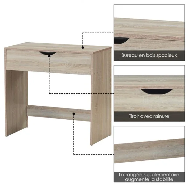 Bureau Informatique Moderne Bureau Multifonctionnel avec 1 Tiroir Capacité 20 Kg en Mdf 80x41x75cm Couleur Chêne