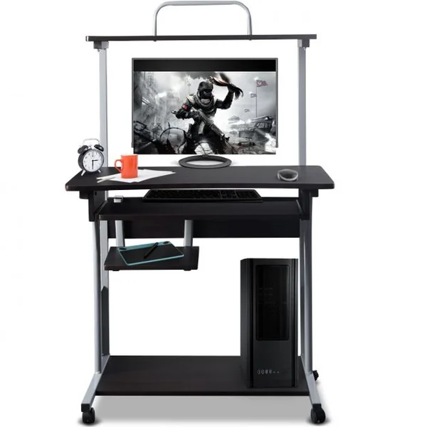 Bureau Informatique à Roulettes Petit Poste de Travail PC avec 3 Étagères et Tiroirs en MDF et fer, 80x55x120cm, Noir