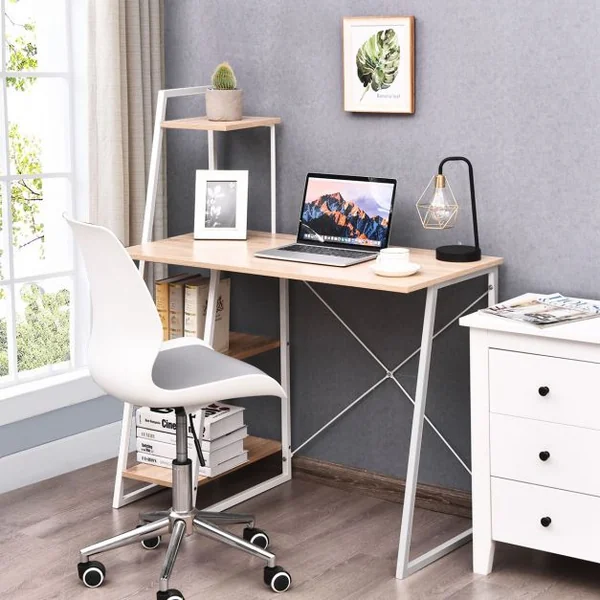 Bureau Moderne Table de Travail avec 3 Tablettes Capacité 100 Kg Structure en Acier 100x50xx118cm Blanc+Chêne