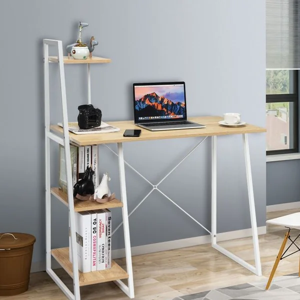 Bureau Moderne Table de Travail avec 3 Tablettes Capacité 100 Kg Structure en Acier 100x50xx118cm Blanc+Chêne