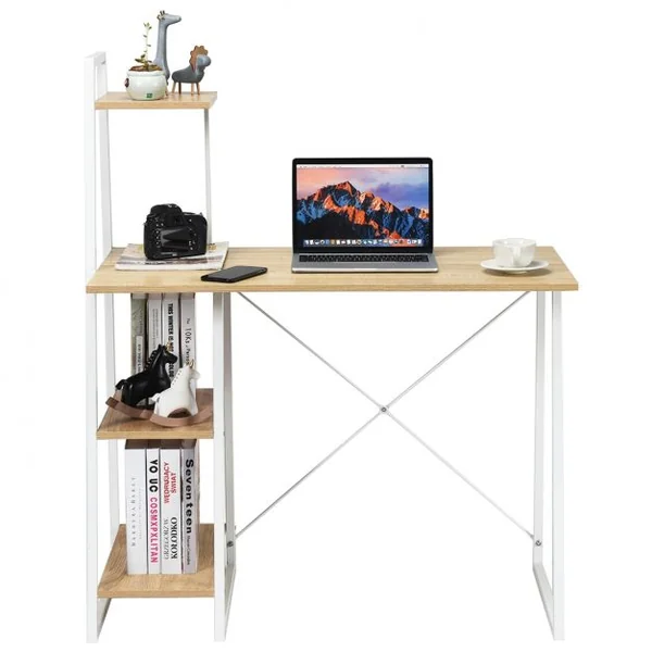Bureau Moderne Table de Travail avec 3 Tablettes Capacité 100 Kg Structure en Acier 100x50xx118cm Blanc+Chêne