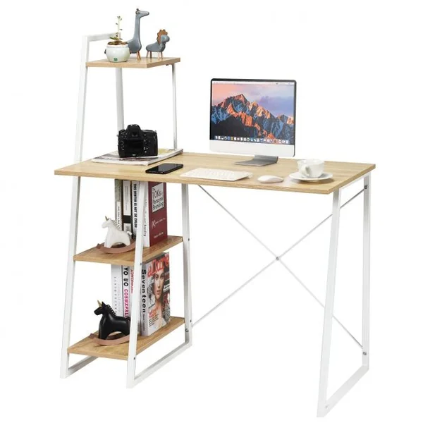 Bureau Moderne Table de Travail avec 3 Tablettes Capacité 100 Kg Structure en Acier 100x50xx118cm Blanc+Chêne